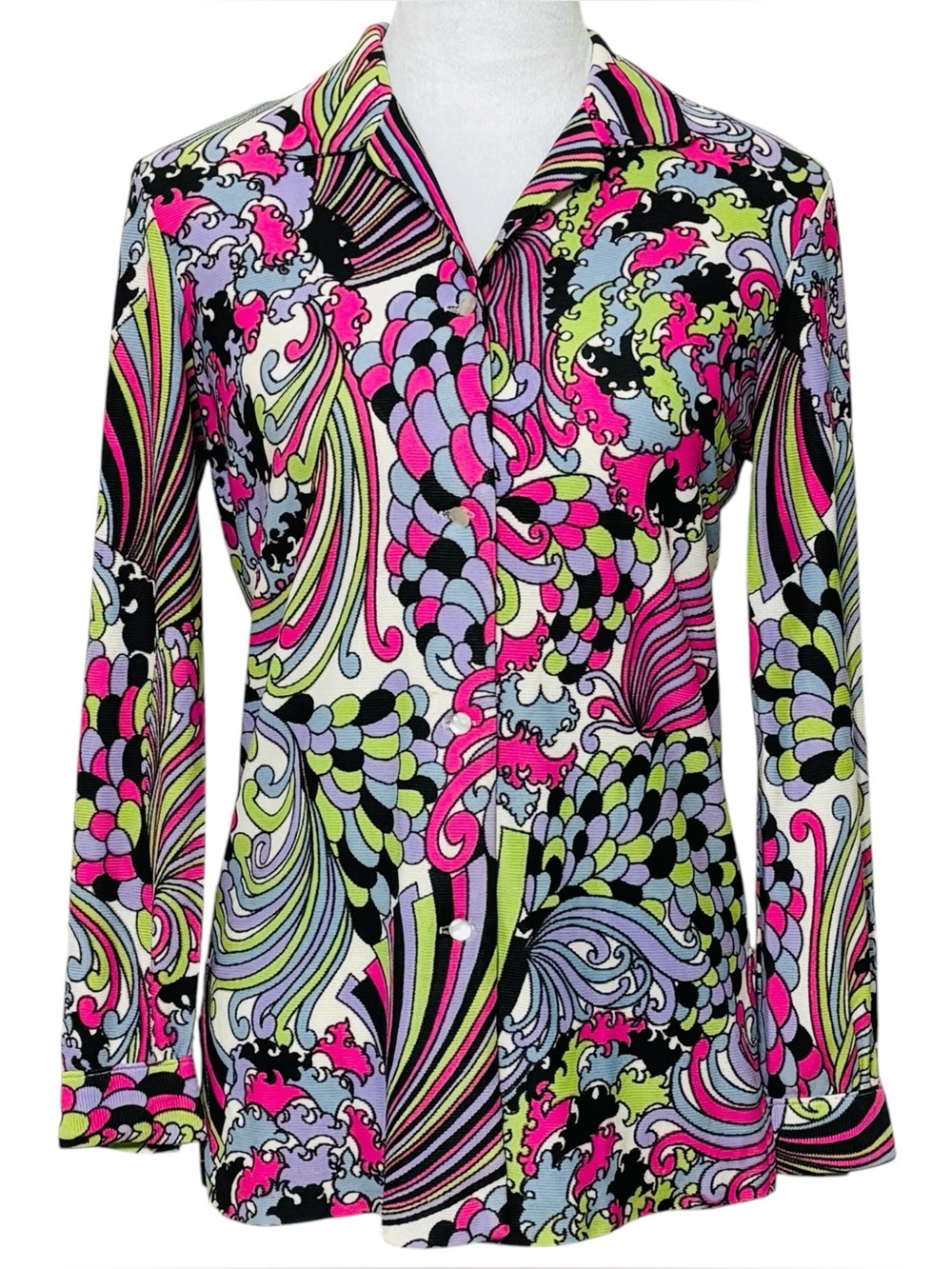 Vintage 60s Stockton Psychedelic Mod Camp Collar Button Up Blouse Top Small